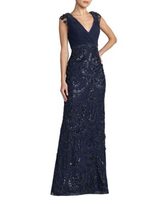 Petite Floral Beaded Chiffon V-Neck Evening Gown