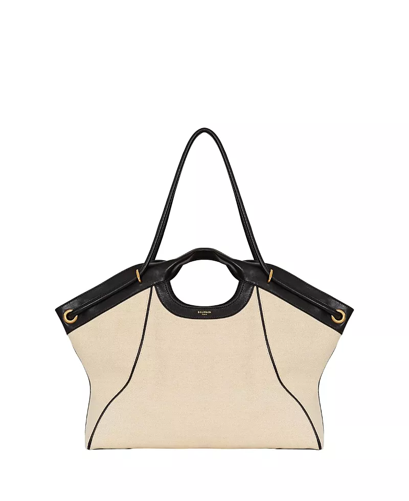 Balmain Large Tote in Smooth Leather and Canvas