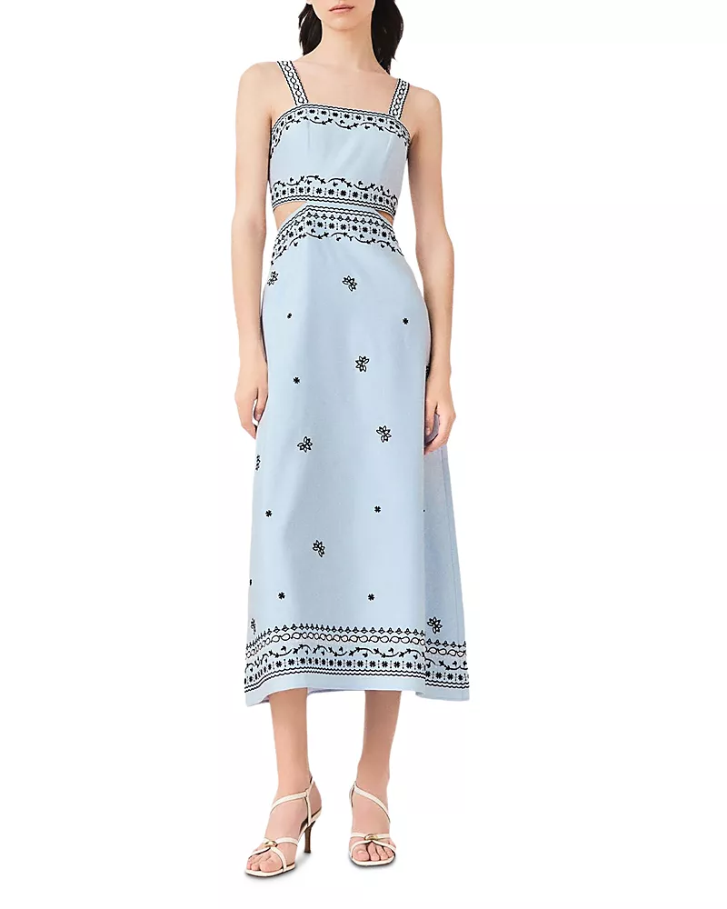 Maje Embroidered Linen Blend Maxi Dress