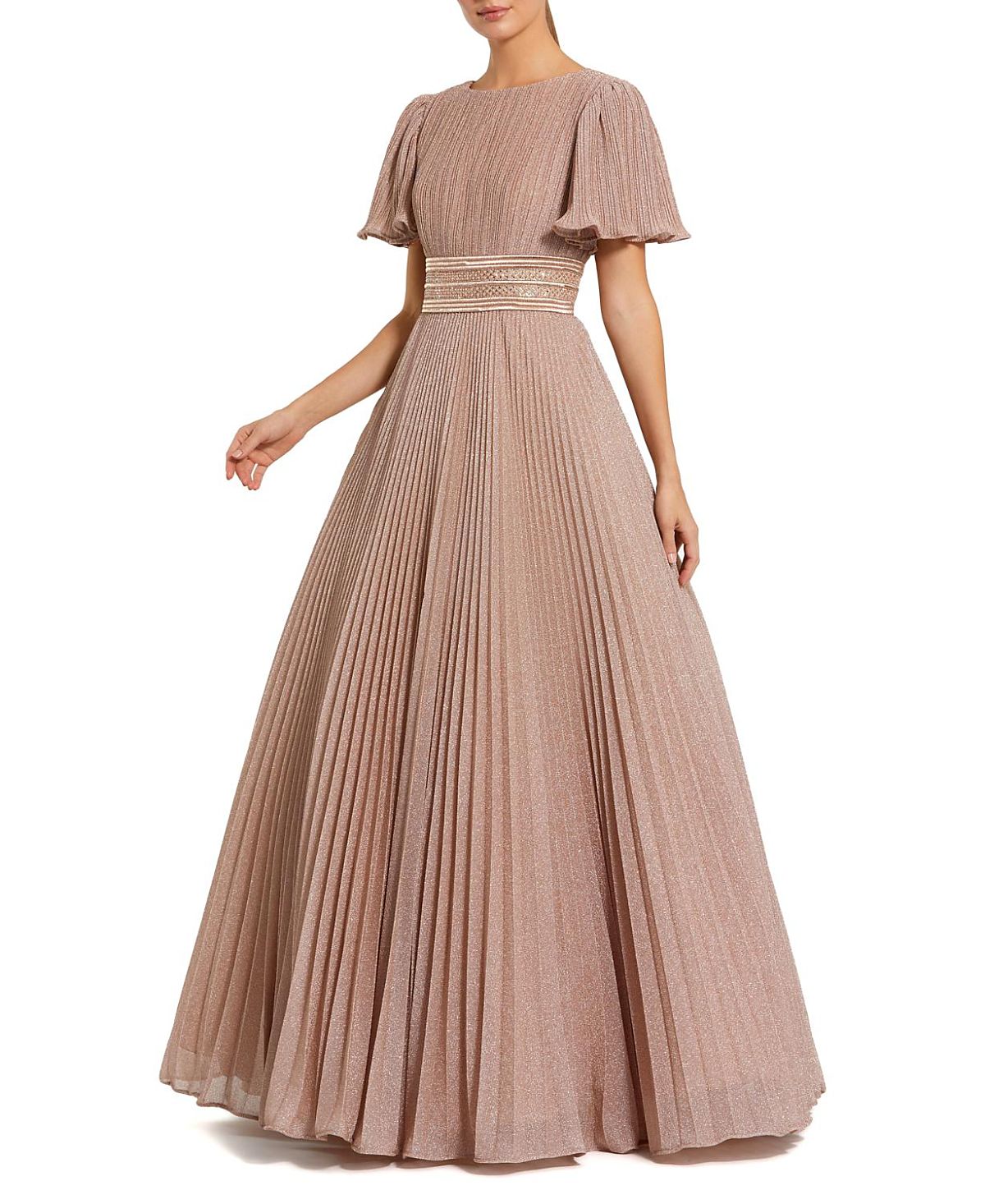 Mac Duggal Pleated Shimmering Georgette Flutter Sleeve Gown