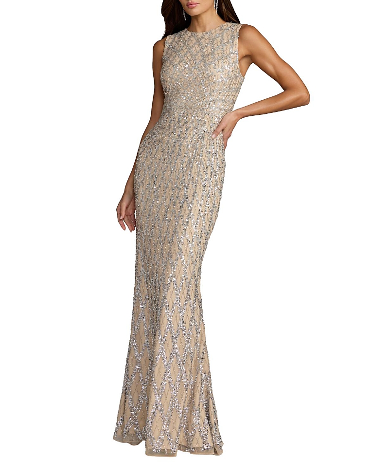 Mac Duggal Sleeveless Ombre Beaded High Neck Column Gown