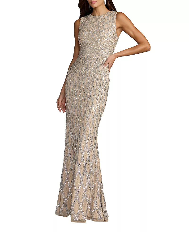 Mac Duggal Sleeveless Ombre Beaded High Neck Column Gown