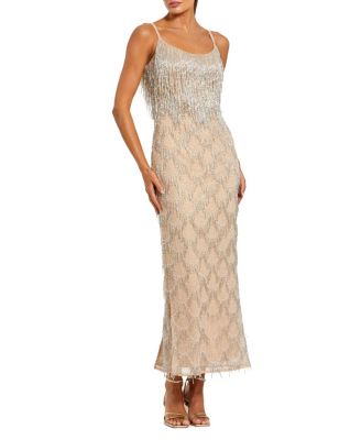  Thin Strap Fringe Beaded Mesh Dress