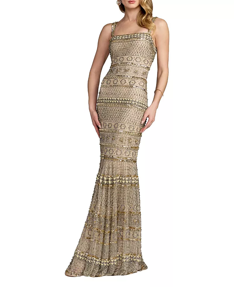 Mac Duggal Sleeveless Square Neck Beaded Gown
