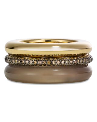 By Pariah Sterling Silver & 14K Yellow Gold Gray Agate & Champagne Diamond Aurea Stack Rings, Set of 3