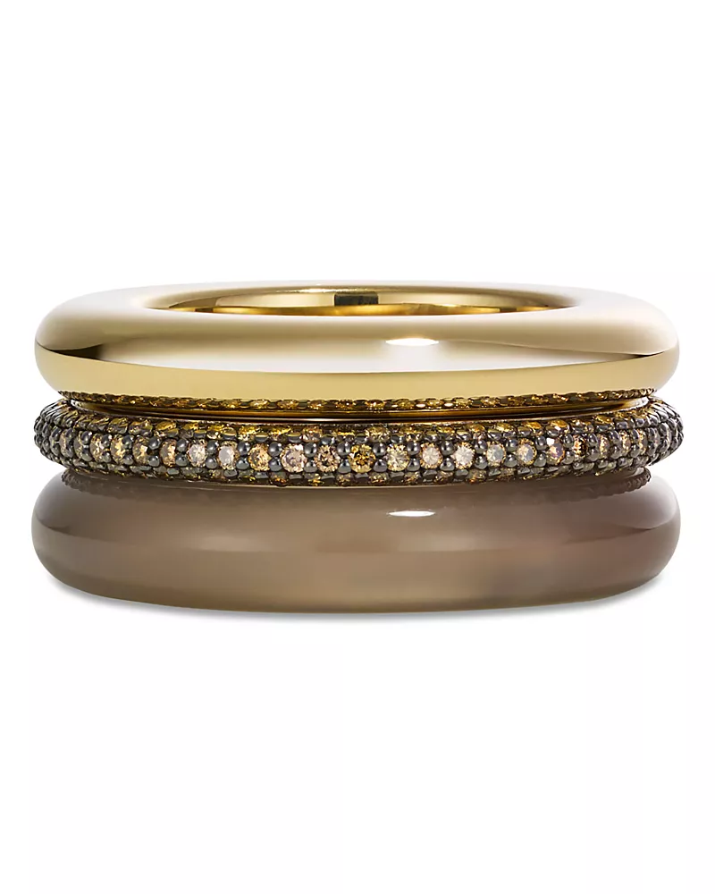 By Pariah Sterling Silver & 14K Yellow Gold Gray Agate & Champagne Diamond Aurea Stack Rings, Set of 3