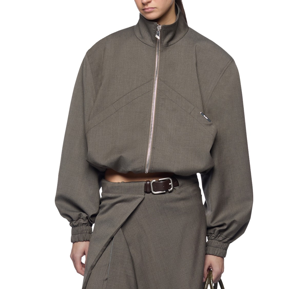 The Attico Cropped Bomber Jacket in Melange Grey/Beige