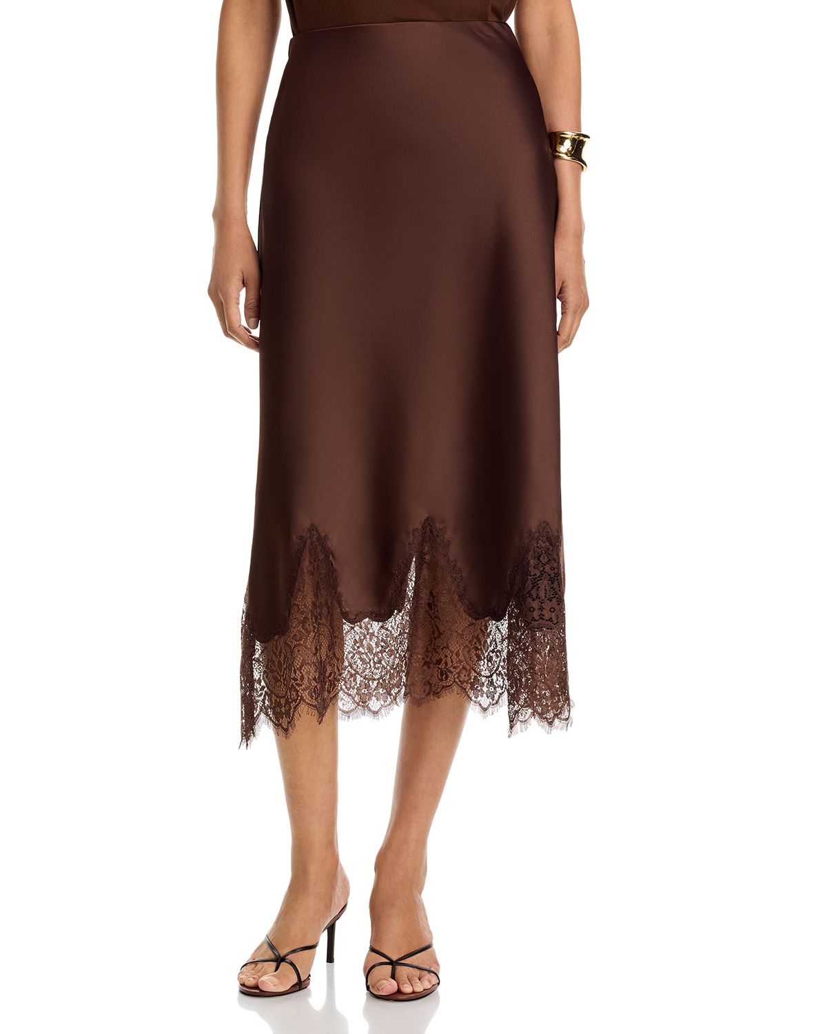 Satin Lace Trim Midi Skirt - Exclusive - angle 1