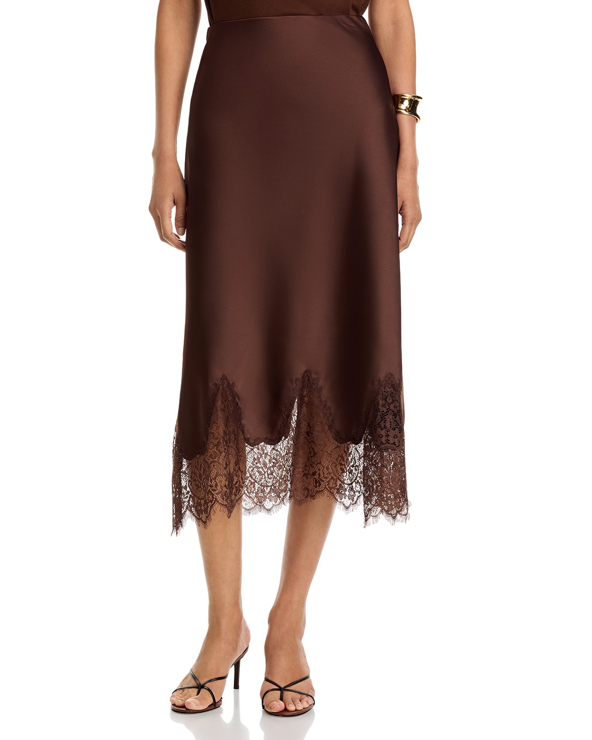 Satin Lace Trim Midi Skirt - Exclusive