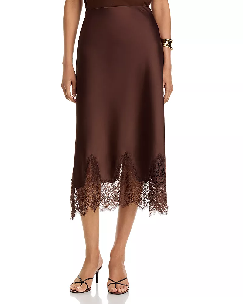 Aqua Satin Lace Trim Midi Skirt - Exclusive