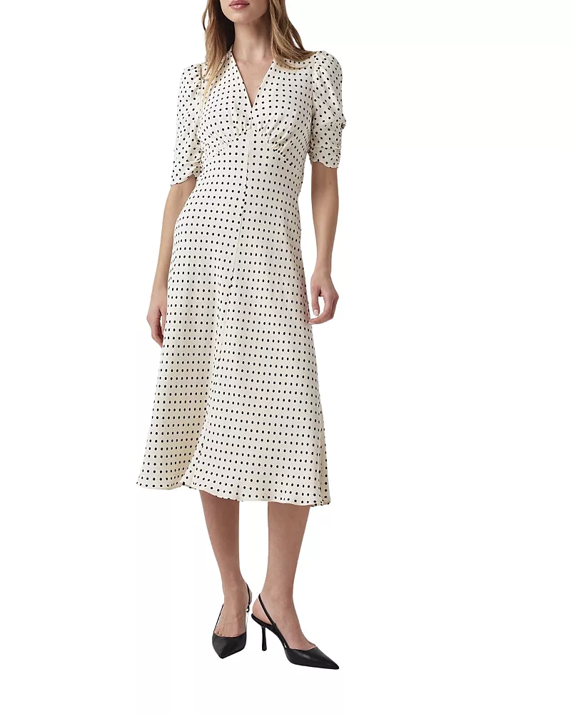 Ghost London Mia Crepe Polka Dot V-Neck Midi Dress