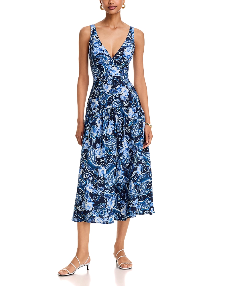 Aqua Paisley Print V Neck Drop Waist Midi Dress - Exclusive