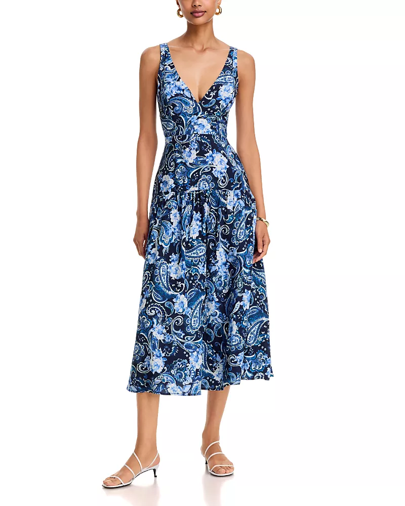 Aqua Paisley Print V Neck Drop Waist Midi Dress - Exclusive