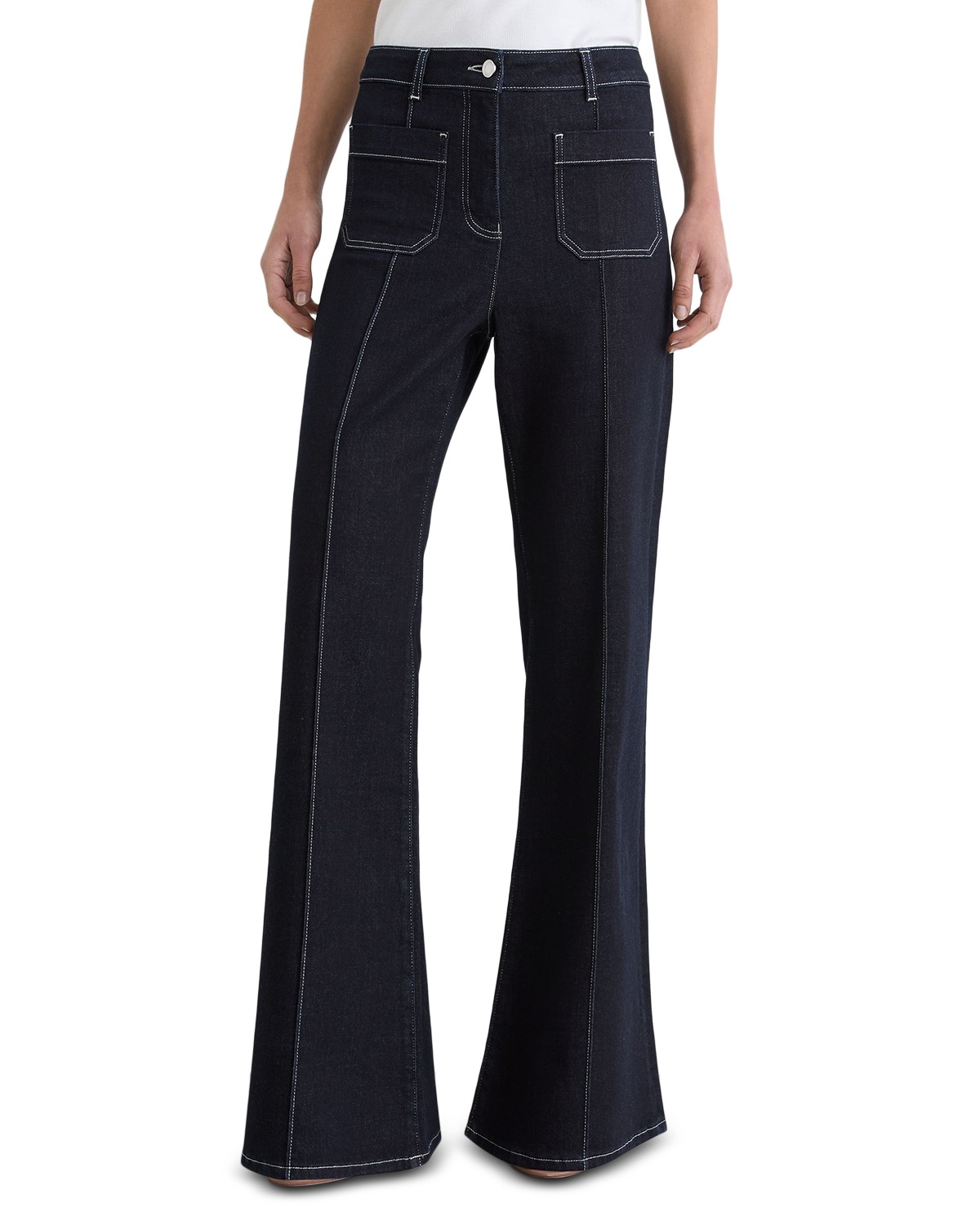 Petite Patch Pocket High Rise Flare Leg Jeans in Indigo Blue