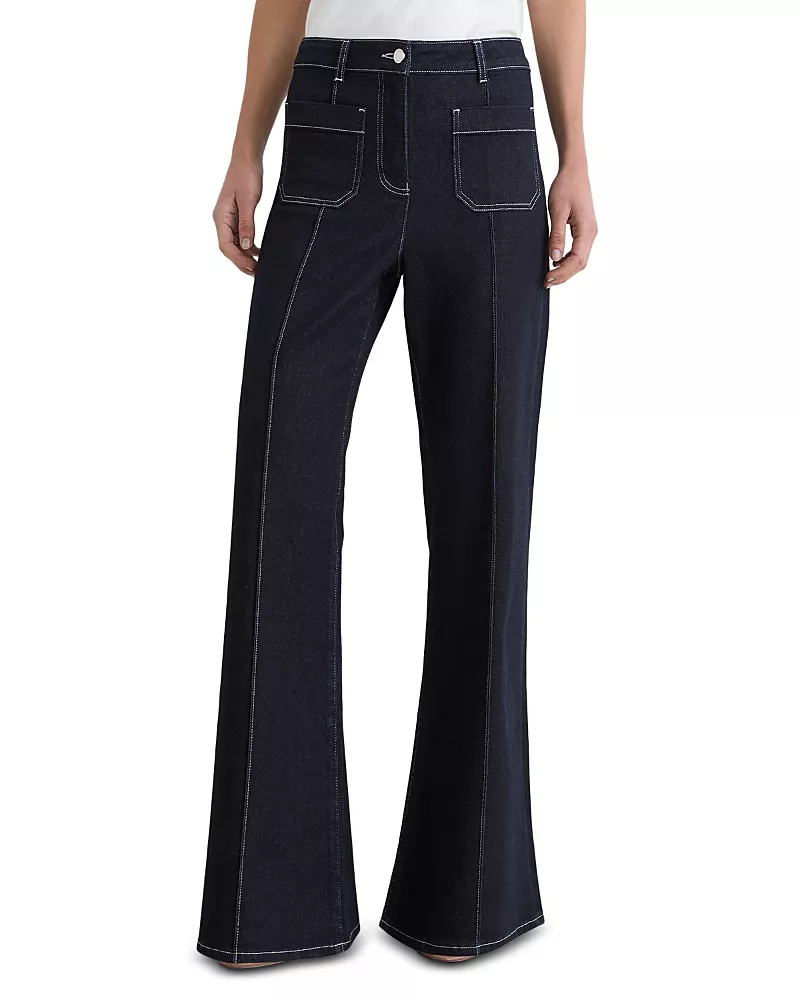 Reiss Petite Patch Pocket High Rise Flare Leg Jeans in Indigo Blue