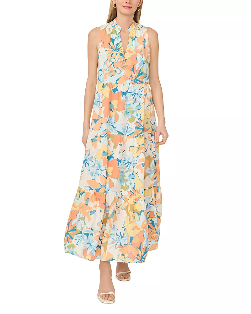 Vince Camuto V Neck Sleeveless Maxi Tiered Dress
