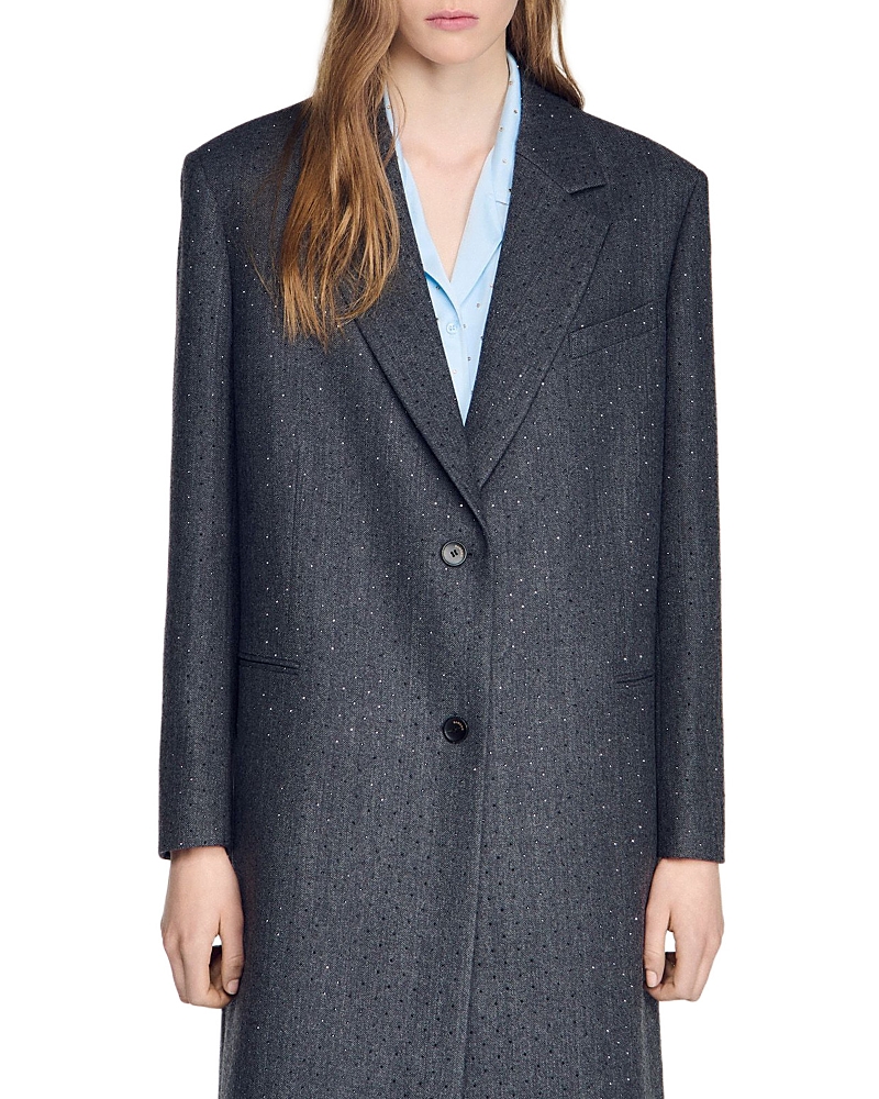 Sandro Long Wool Coat With Rhinestones