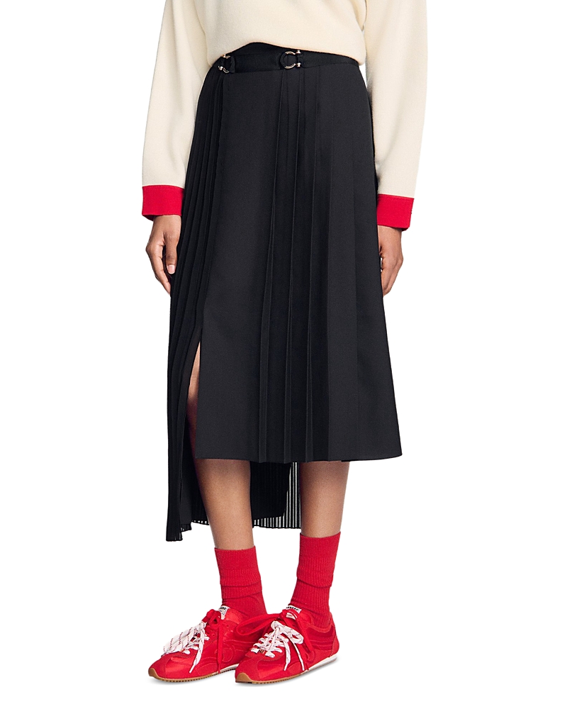 Sandro Long Asymmetrical Pleated Skirt In Black