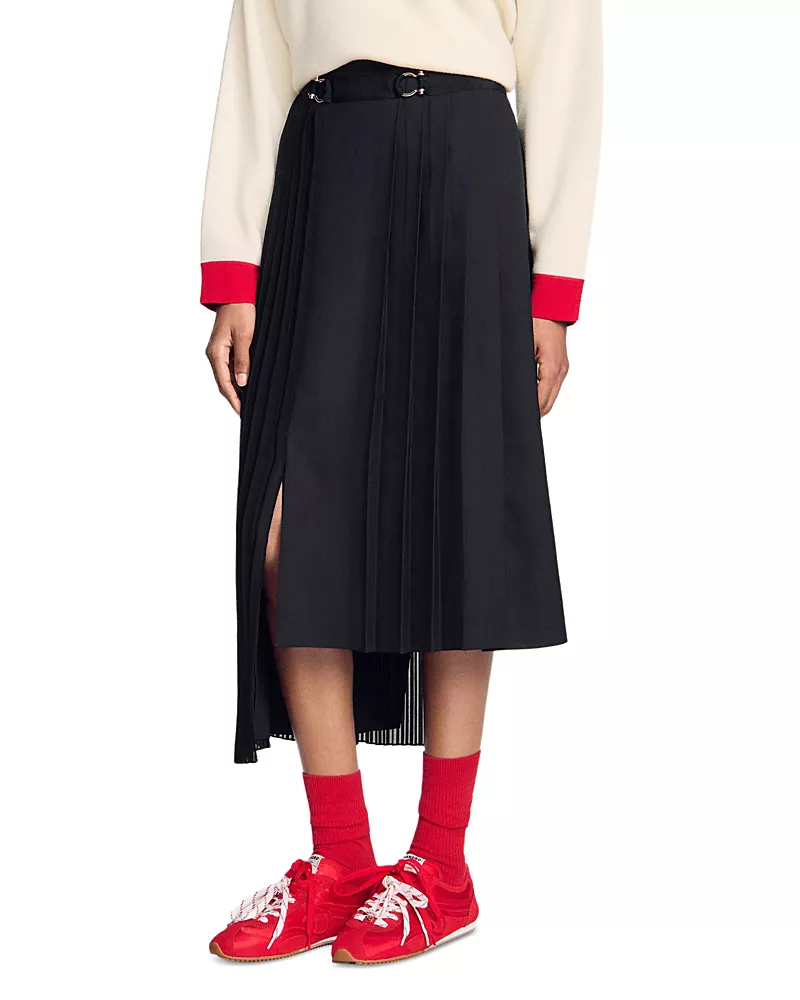 Sandro Long Asymmetrical Pleated Skirt