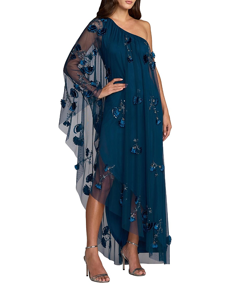 Mac Duggal One Shoulder Asymmetrical Net Gown With Flowers