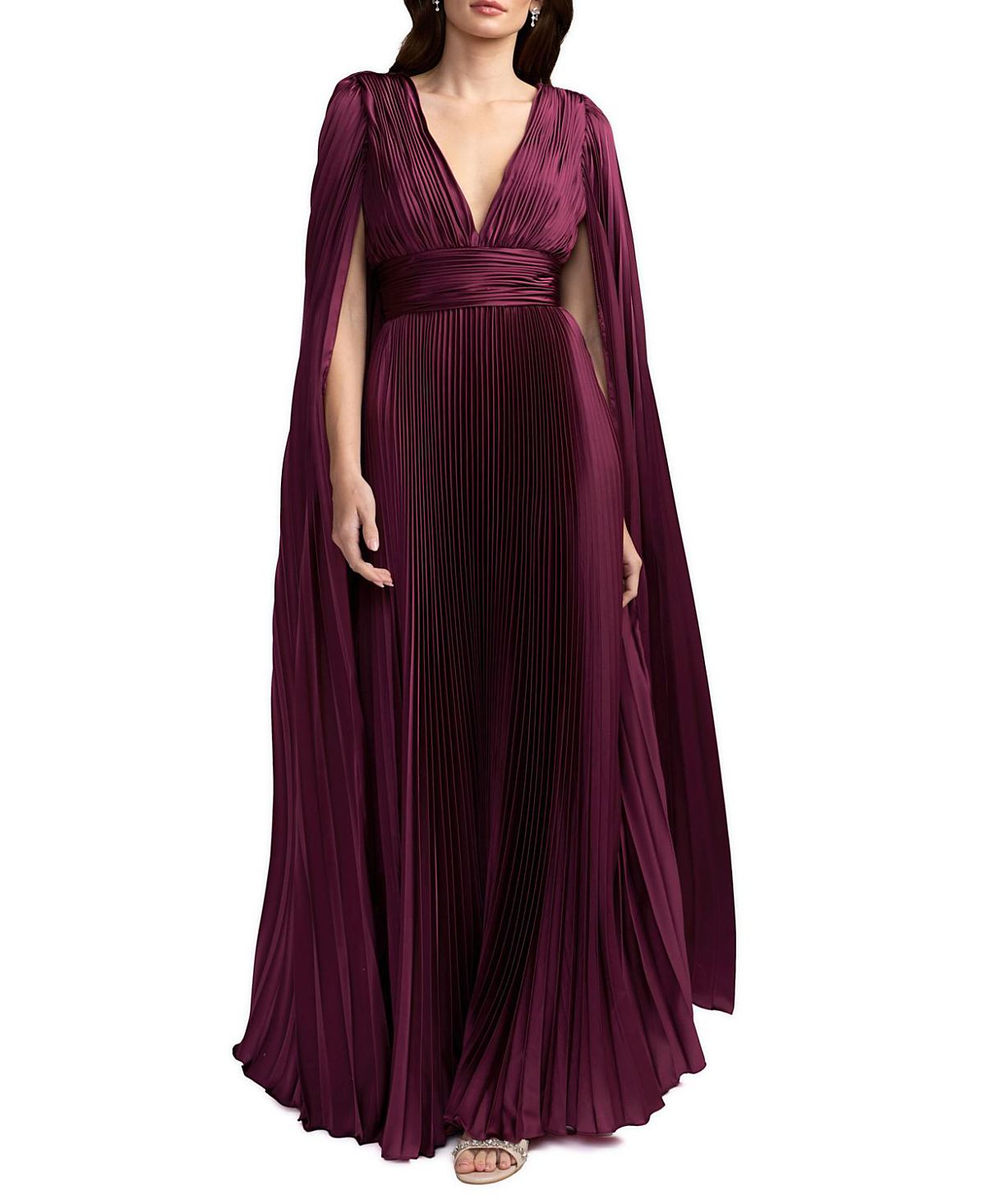 Mac Duggal Pleated Charmeuse V Neck Gown with Cape