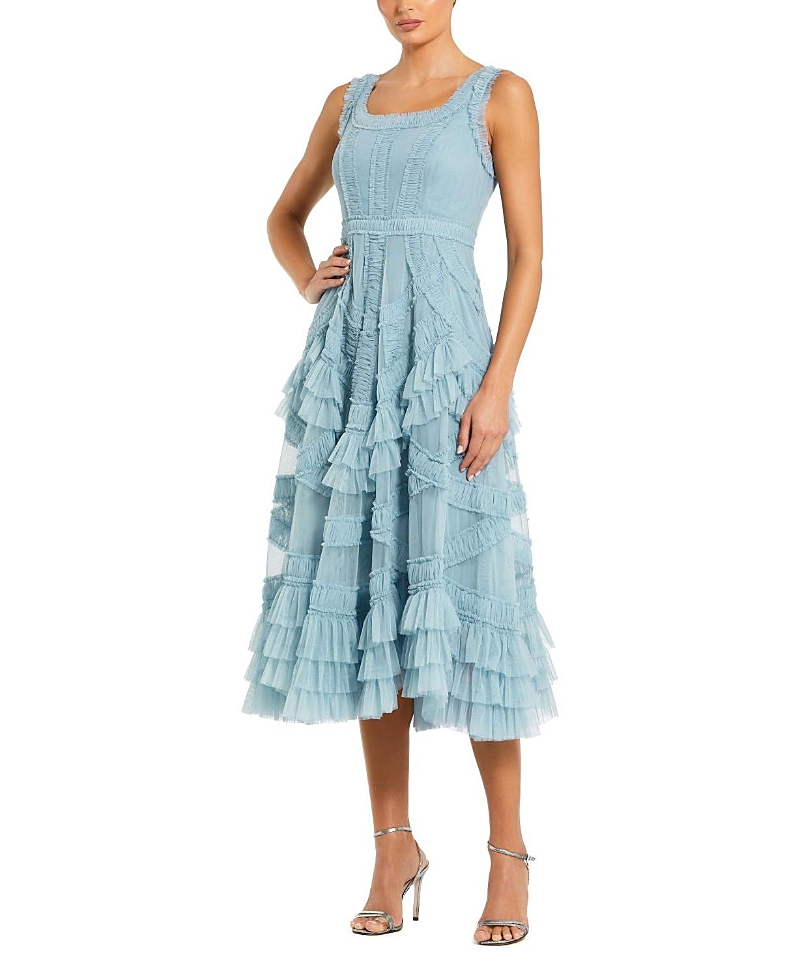 Mac Duggal Petite Scoop Neck Sleeveless Mesh Micro Ruffle Midi Dress