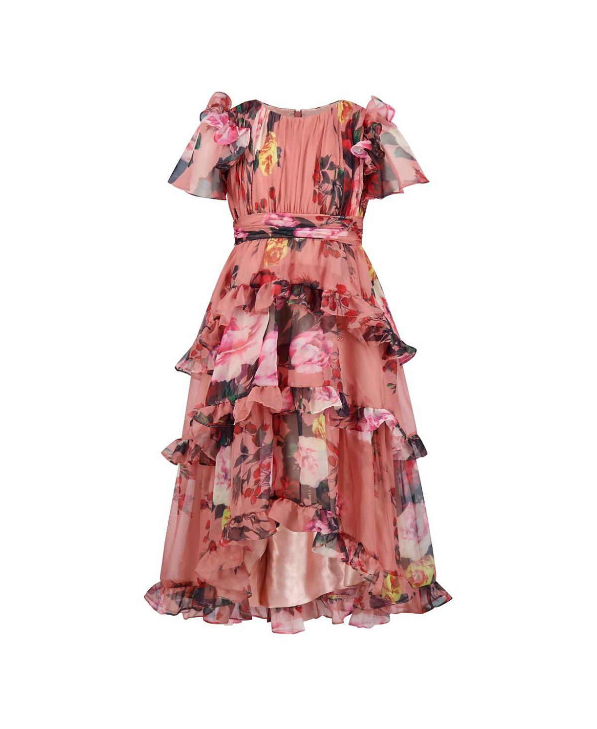 Mac Duggal Girls' High Neck Ruffle High Low Chiffon Gown - Little Kid, Big Kid