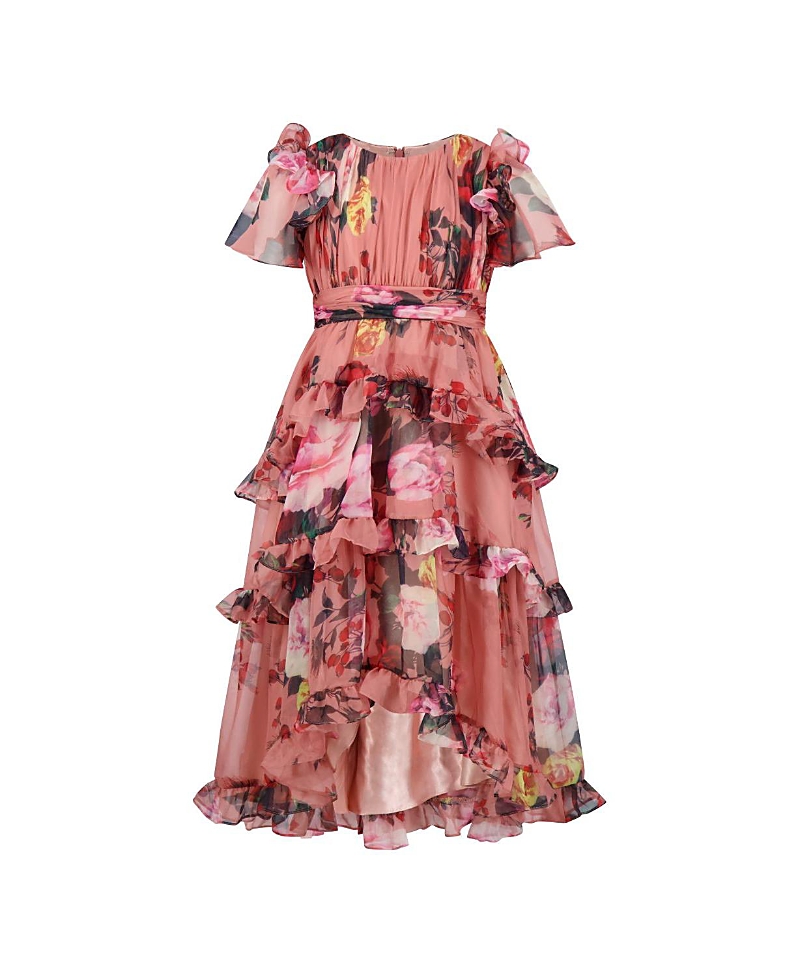 Mac Duggal Girls' High Neck Ruffle High Low Chiffon Gown - Little Kid, Big Kid