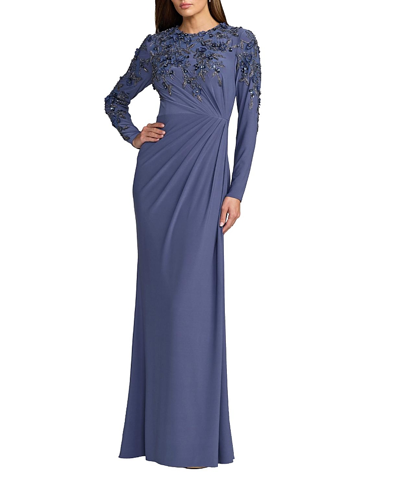 Mac Duggal High Neck Long Sleeve Beaded Jersey Gown