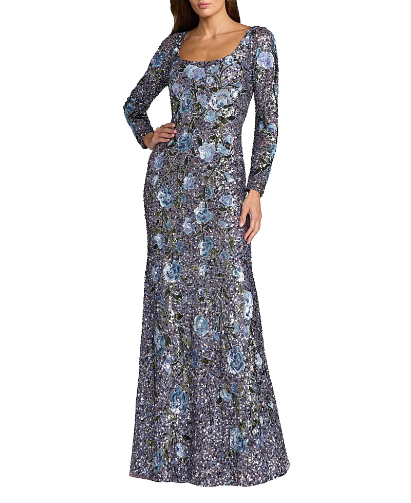 Mac Duggal Floral Beaded mesh Long Sleeve Square Neck Gown