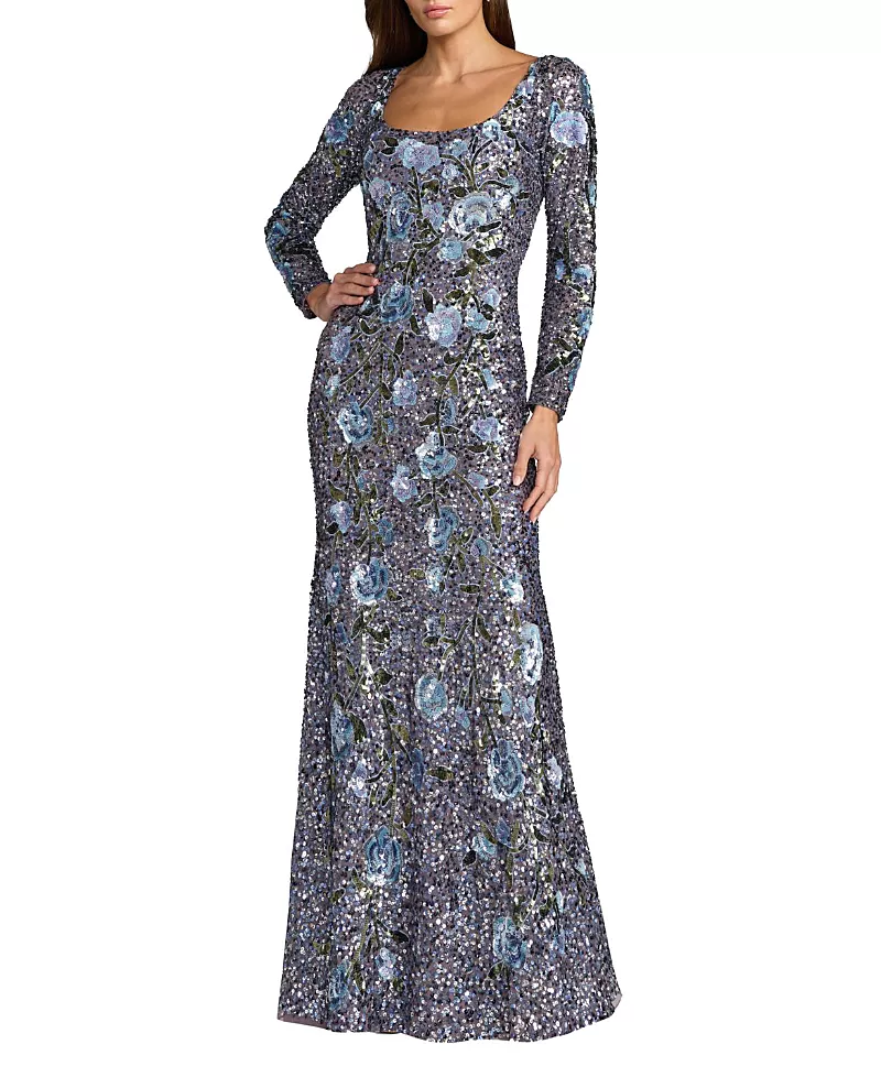 Mac Duggal Floral Beaded mesh Long Sleeve Square Neck Gown