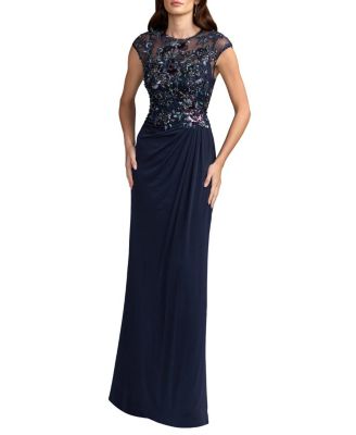 Embroidered Cap Sleeve Jersey Gown