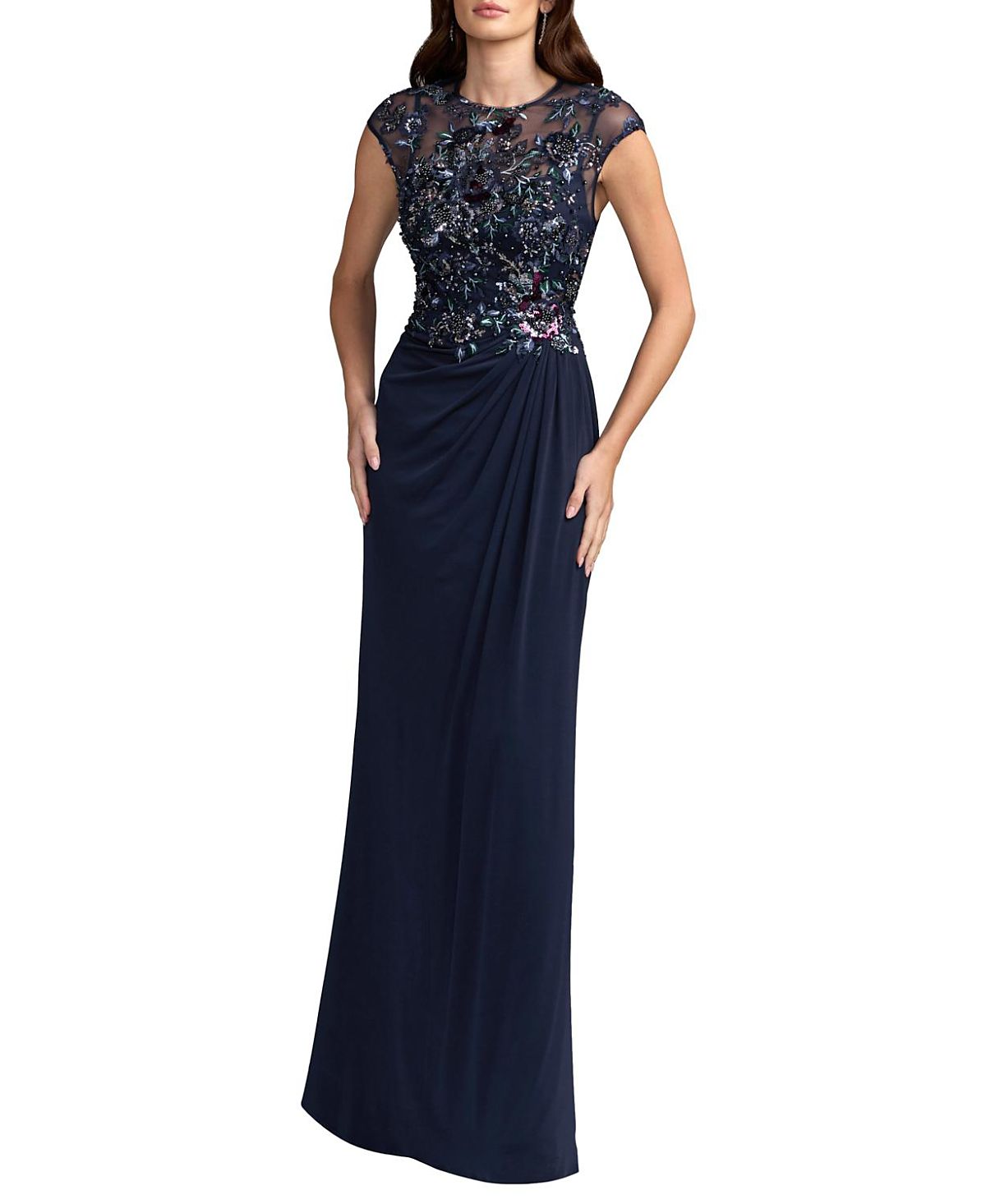 Mac Duggal Embroidered Cap Sleeve Jersey Gown