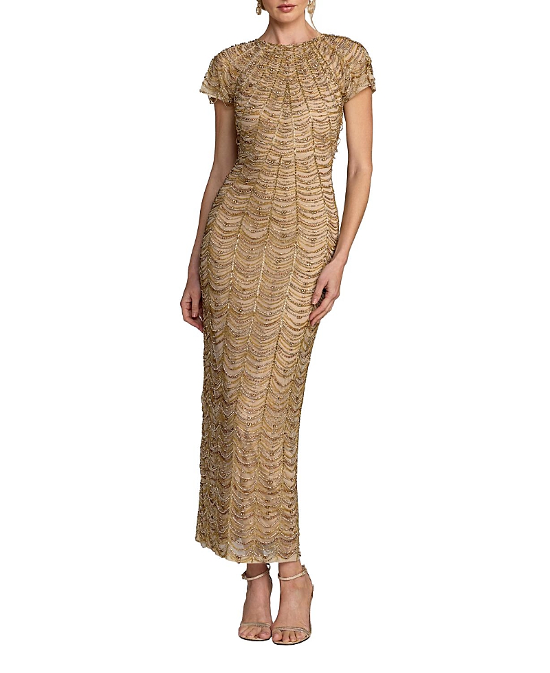 Mac Duggal High Neck Cap Sleeve Beaded Mesh Ankle Dress