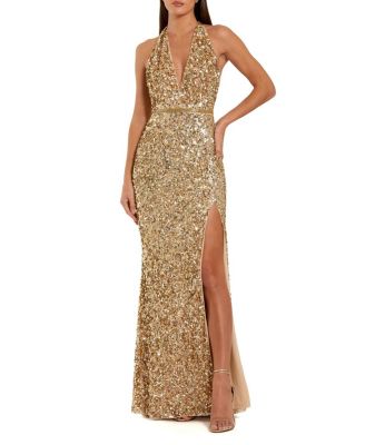 Sequined Halter Strap Thigh High Slit Gown