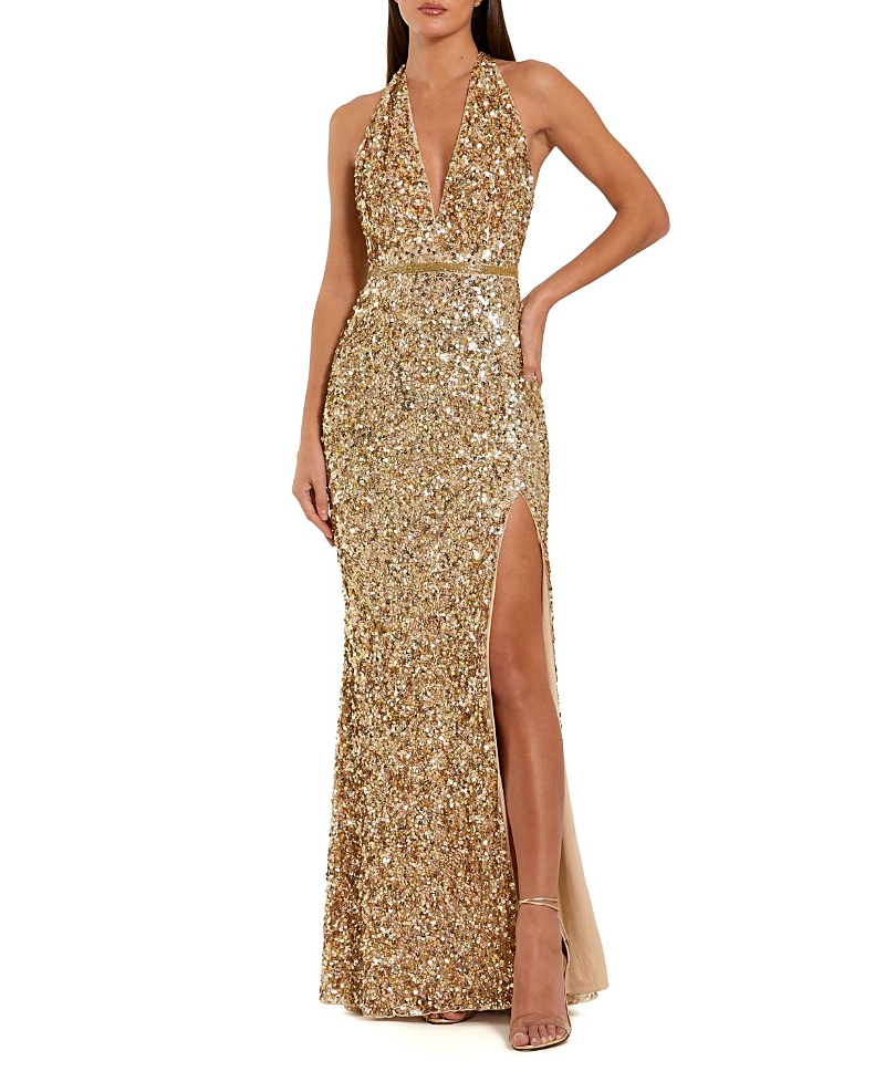 Mac Duggal Sequined Halter Strap Thigh High Slit Gown