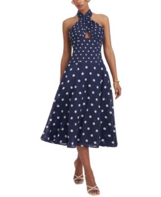  Nuri Polka Dot Ramie Crossover Halter A-Line Midi Dress