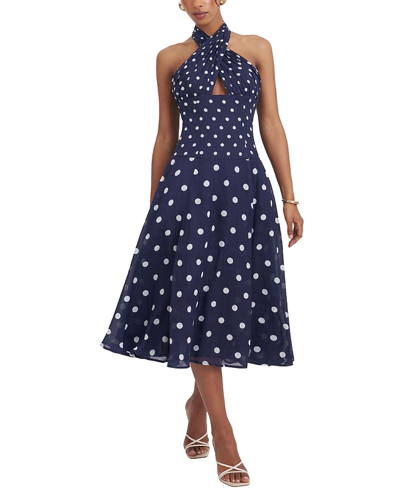 Miss Circle Nuri Polka Dot Ramie Crossover Halter A-Line Midi Dress