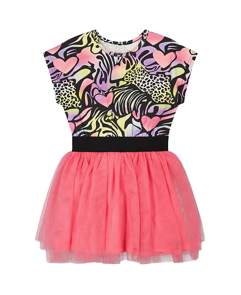 Deux par Deux Girls' Short Sleeve Bi-Material Animal and Heart Dress - Little Kid
