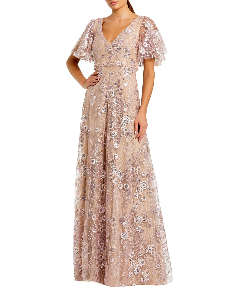 Mac Duggal Lace Embellished Flutter Sleeve A-Line Gown