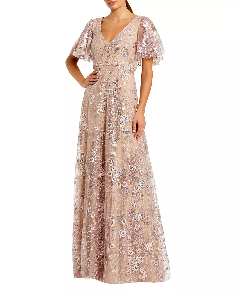 Mac Duggal Lace Embellished Flutter Sleeve A-Line Gown