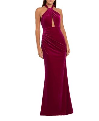  Twist Neck Open Front Velvet Draped Gown