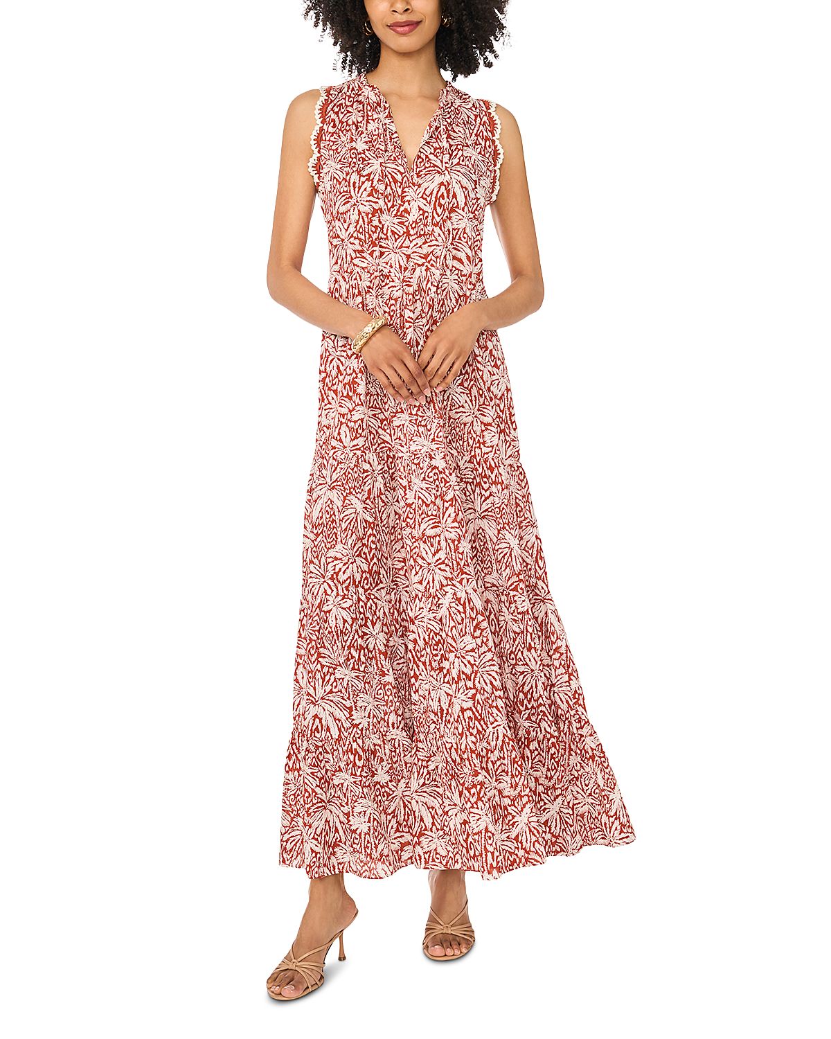 Vince Camuto Sleeveless Tiered Maxi Dress with Combo Crochet Lace Trim