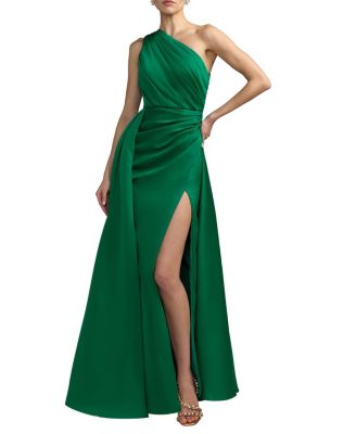  One Shoulder Satin Gown With Overskirt