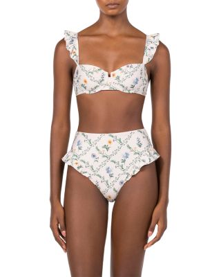 Kiwi Brisa Flutter Sleeve Bikini Top & Jengibre Briza Printed Ruffle Trim Bikini Bottom
