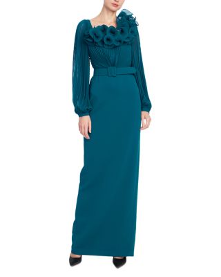 Sheer Sleeve Floral Detail Evening Gown