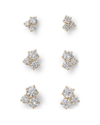 Luxe Collection Certified Lab Grown Diamond 3 Stone Cluster Stud Earrings in 14K Gold, 0.5-1.5 tcw