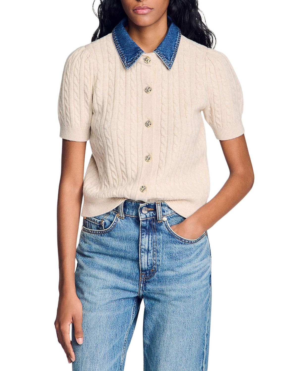 Sandro Cardigan with Denim Collar