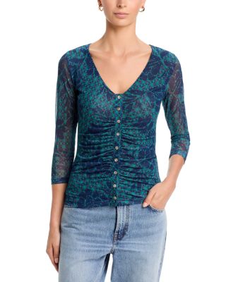 Ruched Button Front Mesh Tee