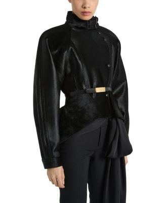 Pony-Effect Leather Peplum Jacket